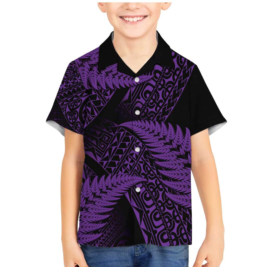 New Zealand Rugby Pacific Personalised Family Matching Mermaid Dress and Hawaiian Shirt All Purple Maori Pasifika Fern Pattern LT9 Son's Shirt Purple - Polynesian Pride