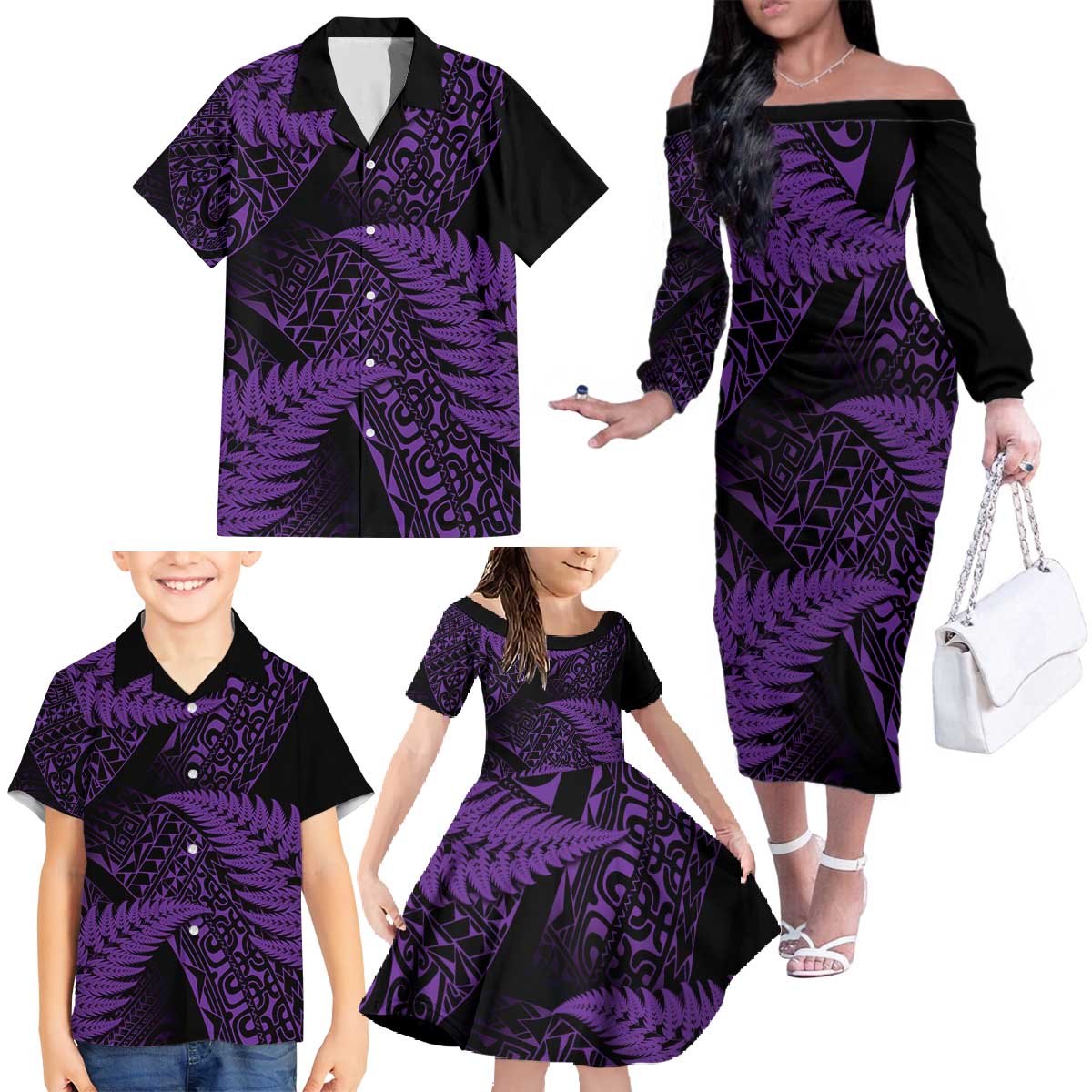 New Zealand Rugby Pacific Personalised Family Matching Off The Shoulder Long Sleeve Dress and Hawaiian Shirt All Purple Maori Pasifika Fern Pattern LT9 - Polynesian Pride