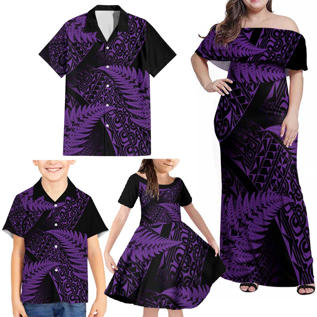 New Zealand Rugby Pacific Personalised Family Matching Off Shoulder Maxi Dress and Hawaiian Shirt All Purple Maori Pasifika Fern Pattern LT9 - Polynesian Pride