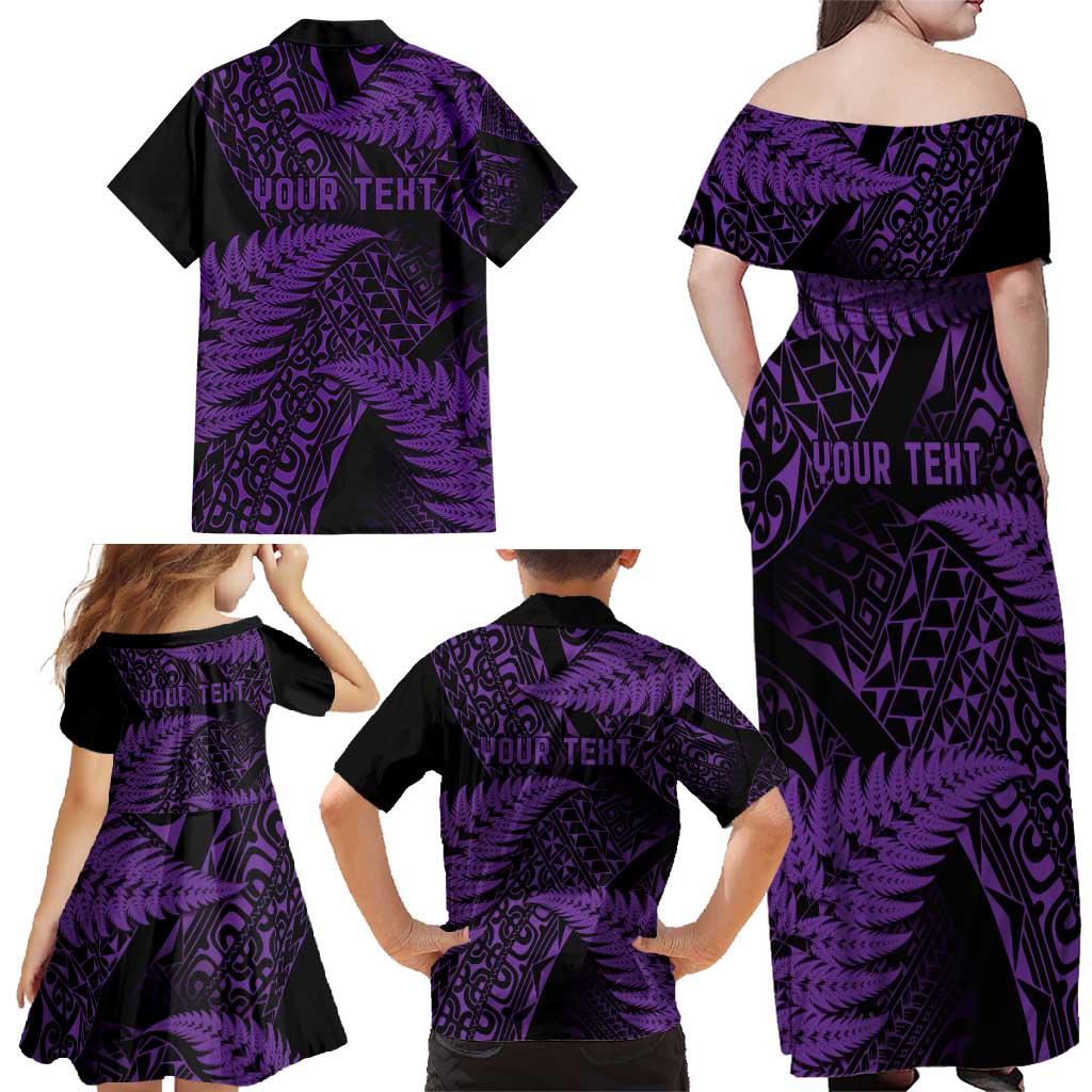 New Zealand Rugby Pacific Personalised Family Matching Off Shoulder Maxi Dress and Hawaiian Shirt All Purple Maori Pasifika Fern Pattern LT9 - Polynesian Pride