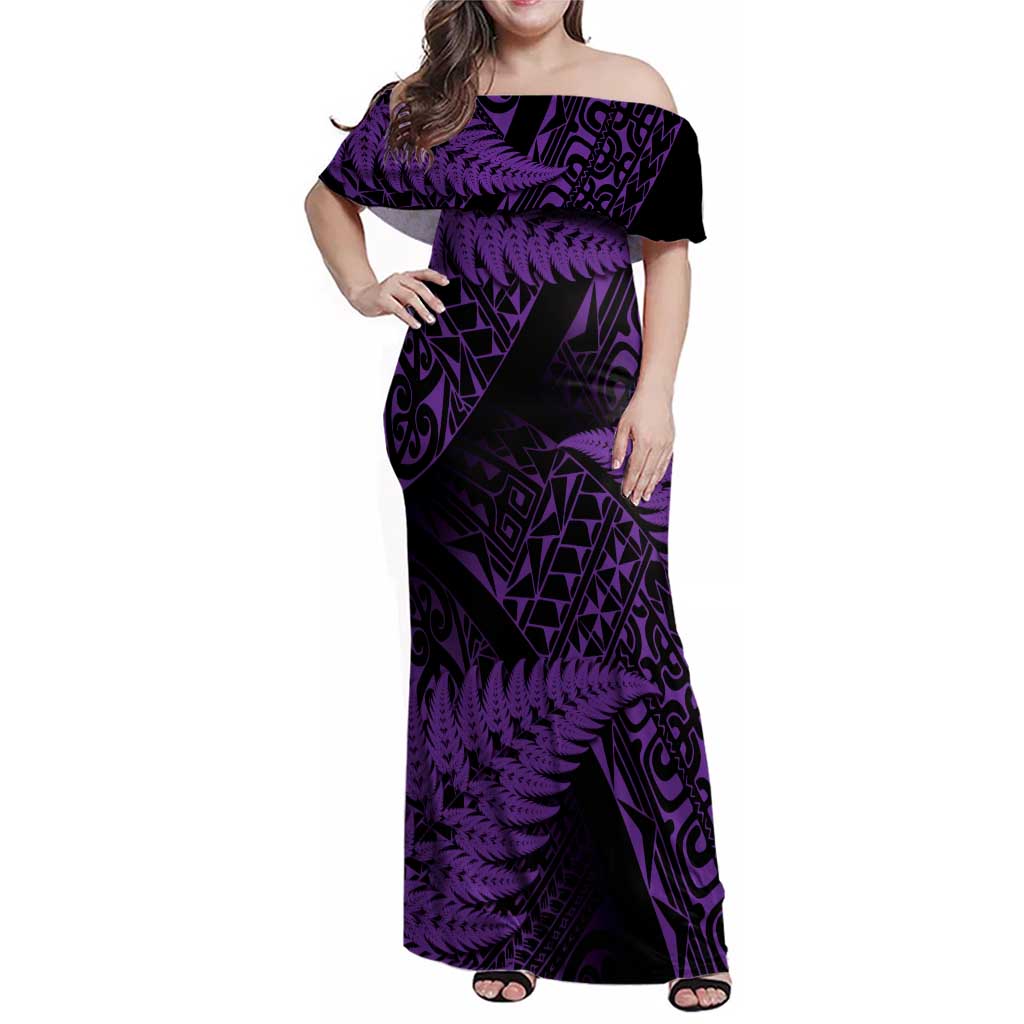 New Zealand Rugby Pacific Personalised Family Matching Off Shoulder Maxi Dress and Hawaiian Shirt All Purple Maori Pasifika Fern Pattern LT9 Mom's Dress Purple - Polynesian Pride