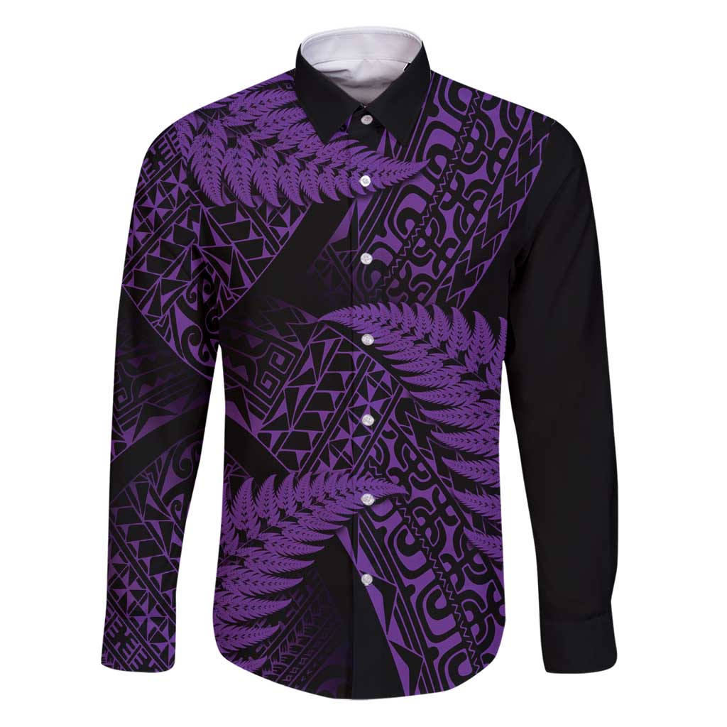 New Zealand Rugby Pacific Personalised Family Matching Puletasi and Hawaiian Shirt All Purple Maori Pasifika Fern Pattern LT9 Dad's Shirt - Long Sleeve Purple - Polynesian Pride
