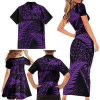 New Zealand Rugby Pacific Personalised Family Matching Short Sleeve Bodycon Dress and Hawaiian Shirt All Purple Maori Pasifika Fern Pattern LT9 - Polynesian Pride