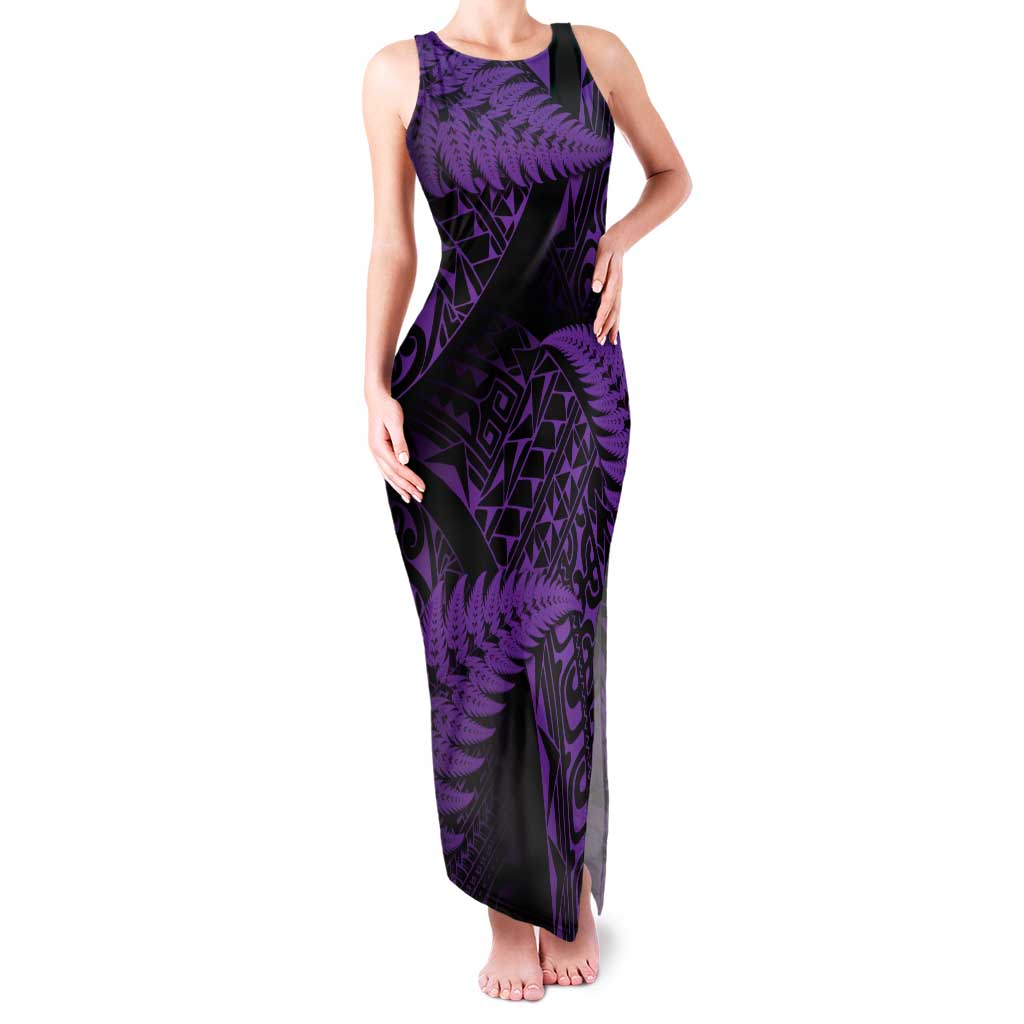 New Zealand Rugby Pacific Personalised Family Matching Tank Maxi Dress and Hawaiian Shirt All Purple Maori Pasifika Fern Pattern LT9 Mom's Dress Purple - Polynesian Pride