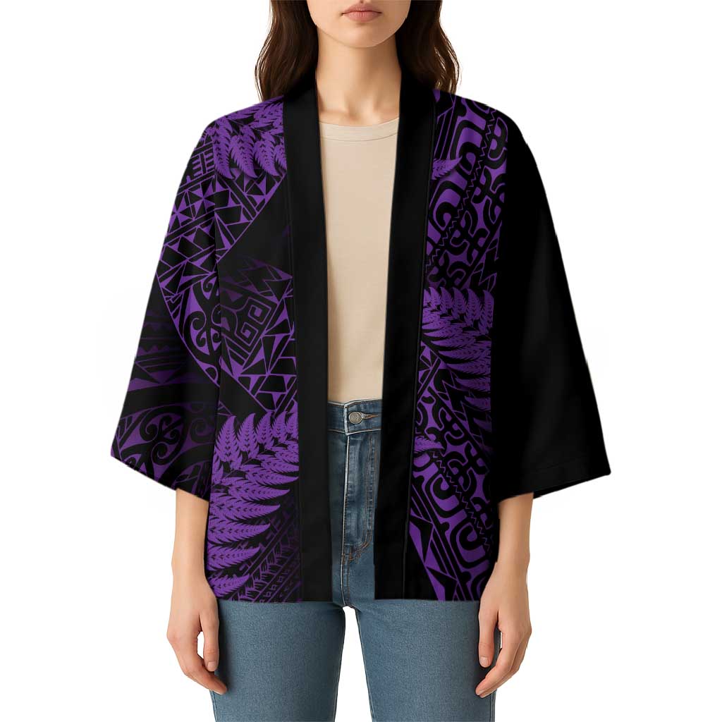 New Zealand Rugby Pacific Personalised Kimono All Purple Maori Pasifika Fern Pattern - Polynesian Pride