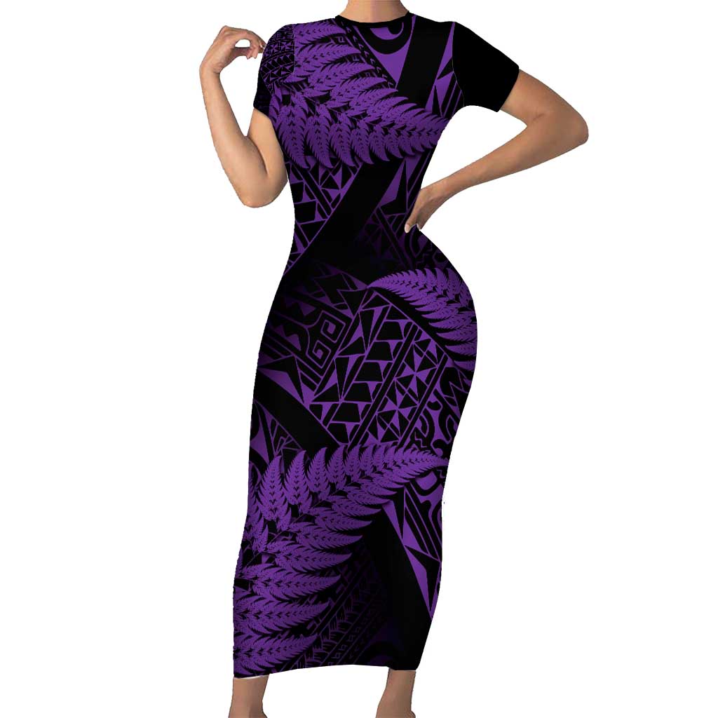 New Zealand Rugby Pacific Personalised Short Sleeve Bodycon Dress All Purple Maori Pasifika Fern Pattern