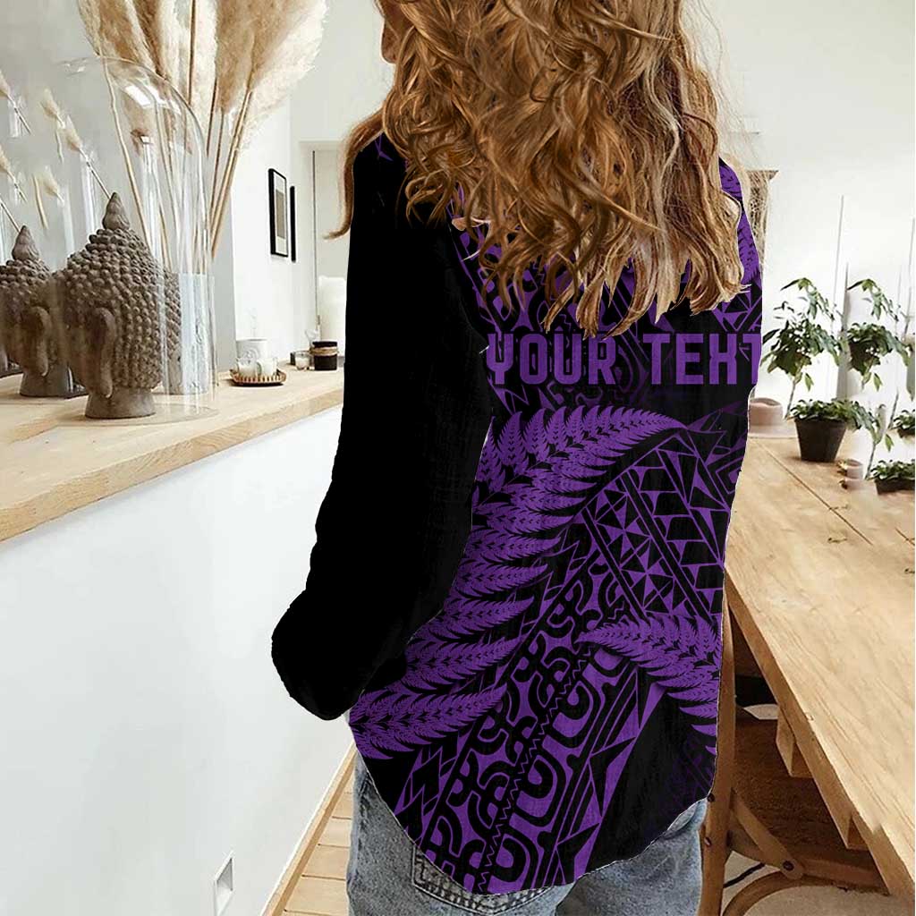 New Zealand Rugby Pacific Personalised Women Casual Shirt All Purple Maori Pasifika Fern Pattern LT9 - Polynesian Pride