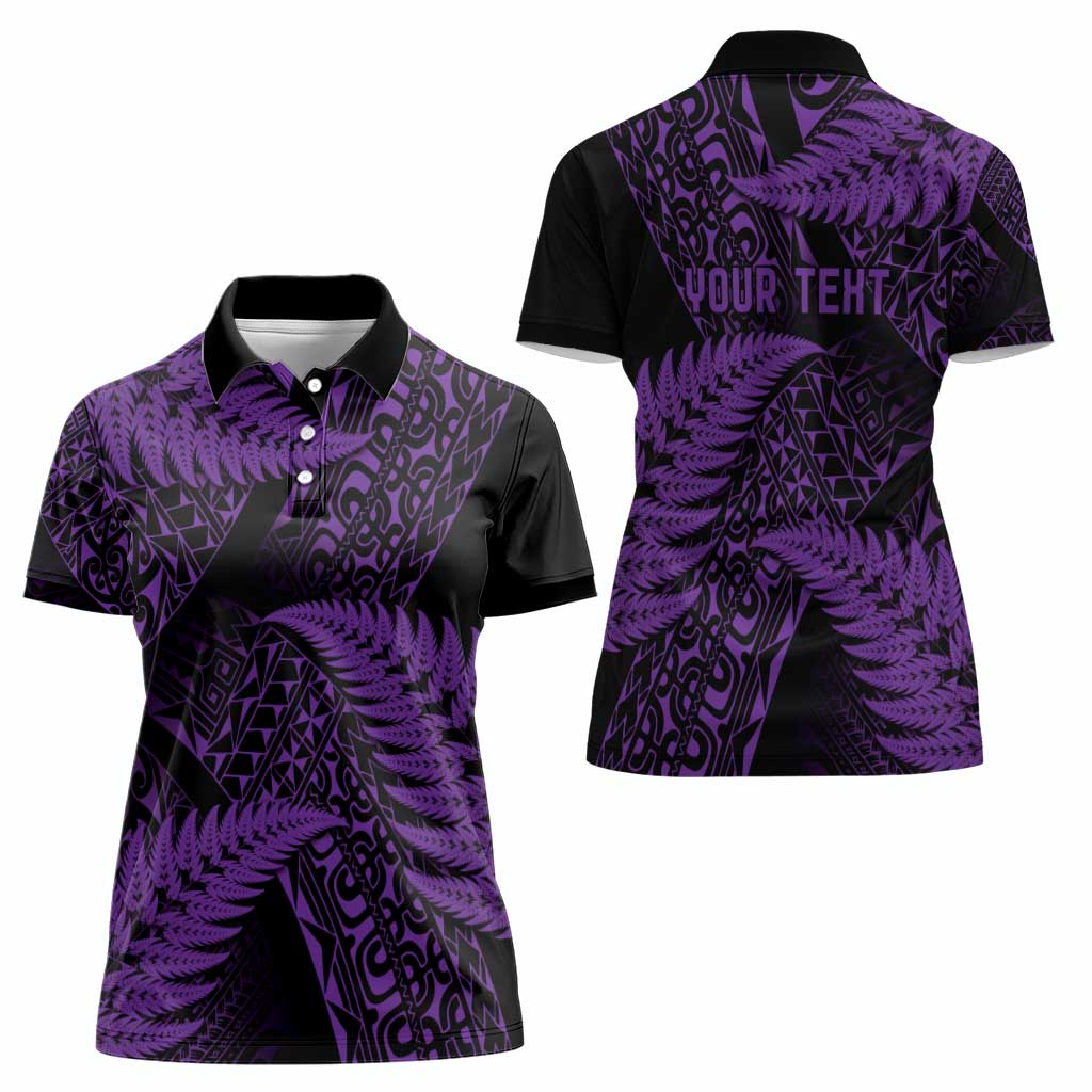New Zealand Rugby Pacific Personalised Women Polo Shirt All Purple Maori Pasifika Fern Pattern
