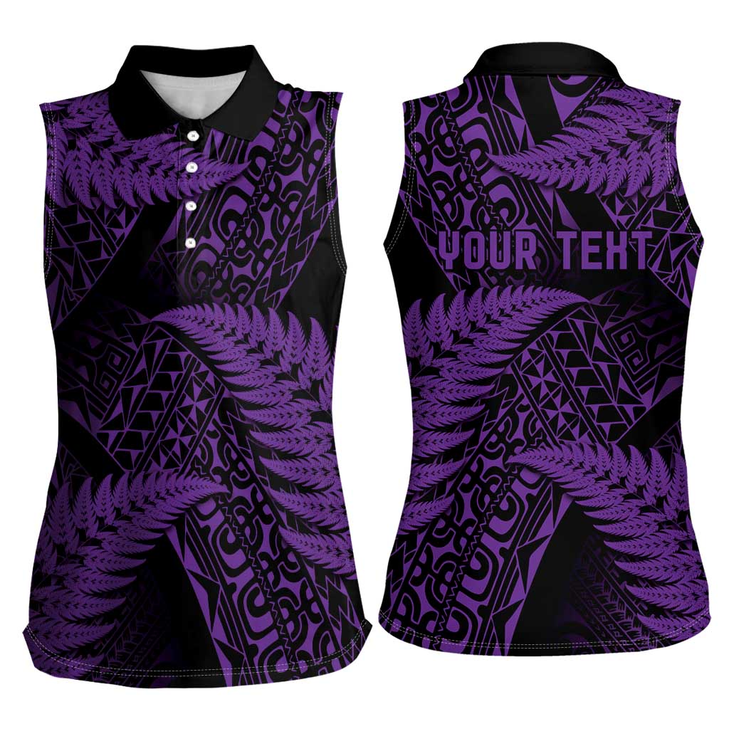New Zealand Rugby Pacific Personalised Women Sleeveless Polo Shirt All Purple Maori Pasifika Fern Pattern