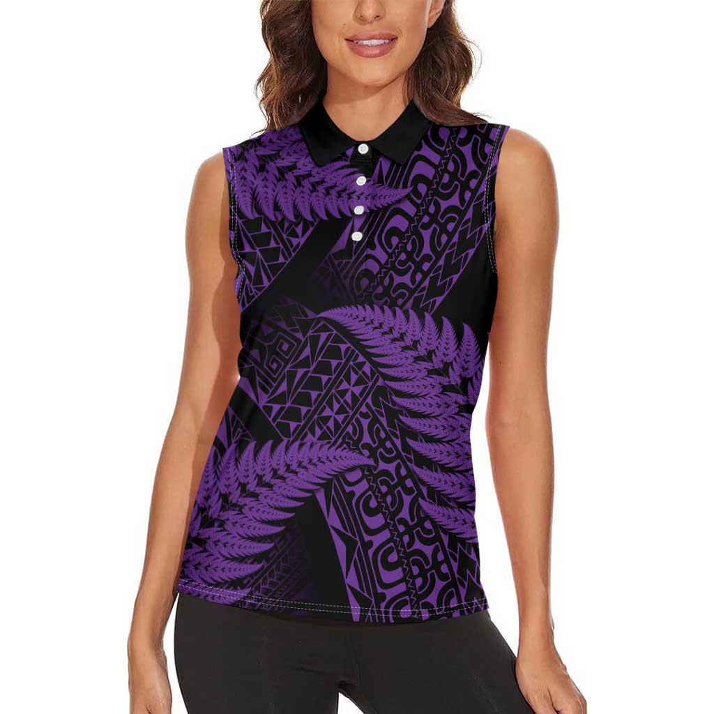 New Zealand Rugby Pacific Personalised Women Sleeveless Polo Shirt All Purple Maori Pasifika Fern Pattern