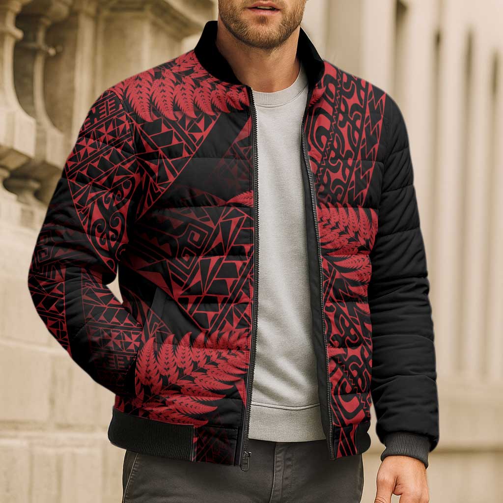 New Zealand Rugby Pacific Personalised Bomber Puffer Jacket All Red Maori Pasifika Fern Pattern - Polynesian Pride