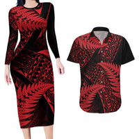 New Zealand Rugby Pacific Personalised Couples Matching Long Sleeve Bodycon Dress and Hawaiian Shirt All Red Maori Pasifika Fern Pattern LT9 Red - Polynesian Pride
