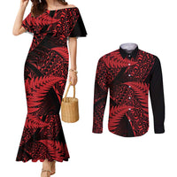 New Zealand Rugby Pacific Personalised Couples Matching Mermaid Dress and Long Sleeve Button Shirt All Red Maori Pasifika Fern Pattern LT9 Red - Polynesian Pride