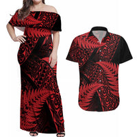 New Zealand Rugby Pacific Personalised Couples Matching Off Shoulder Maxi Dress and Hawaiian Shirt All Red Maori Pasifika Fern Pattern LT9 Red - Polynesian Pride