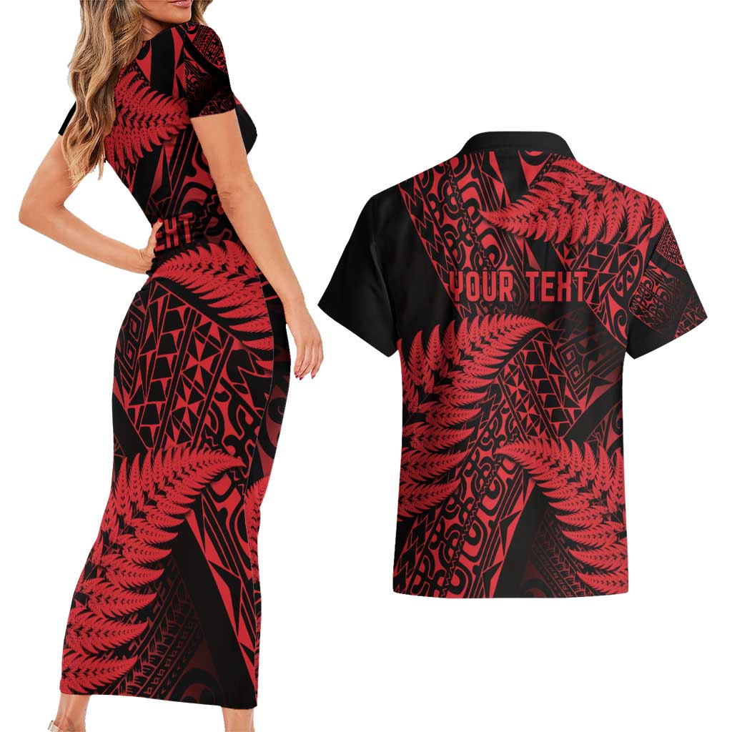 New Zealand Rugby Pacific Personalised Couples Matching Short Sleeve Bodycon Dress and Hawaiian Shirt All Red Maori Pasifika Fern Pattern LT9 - Polynesian Pride