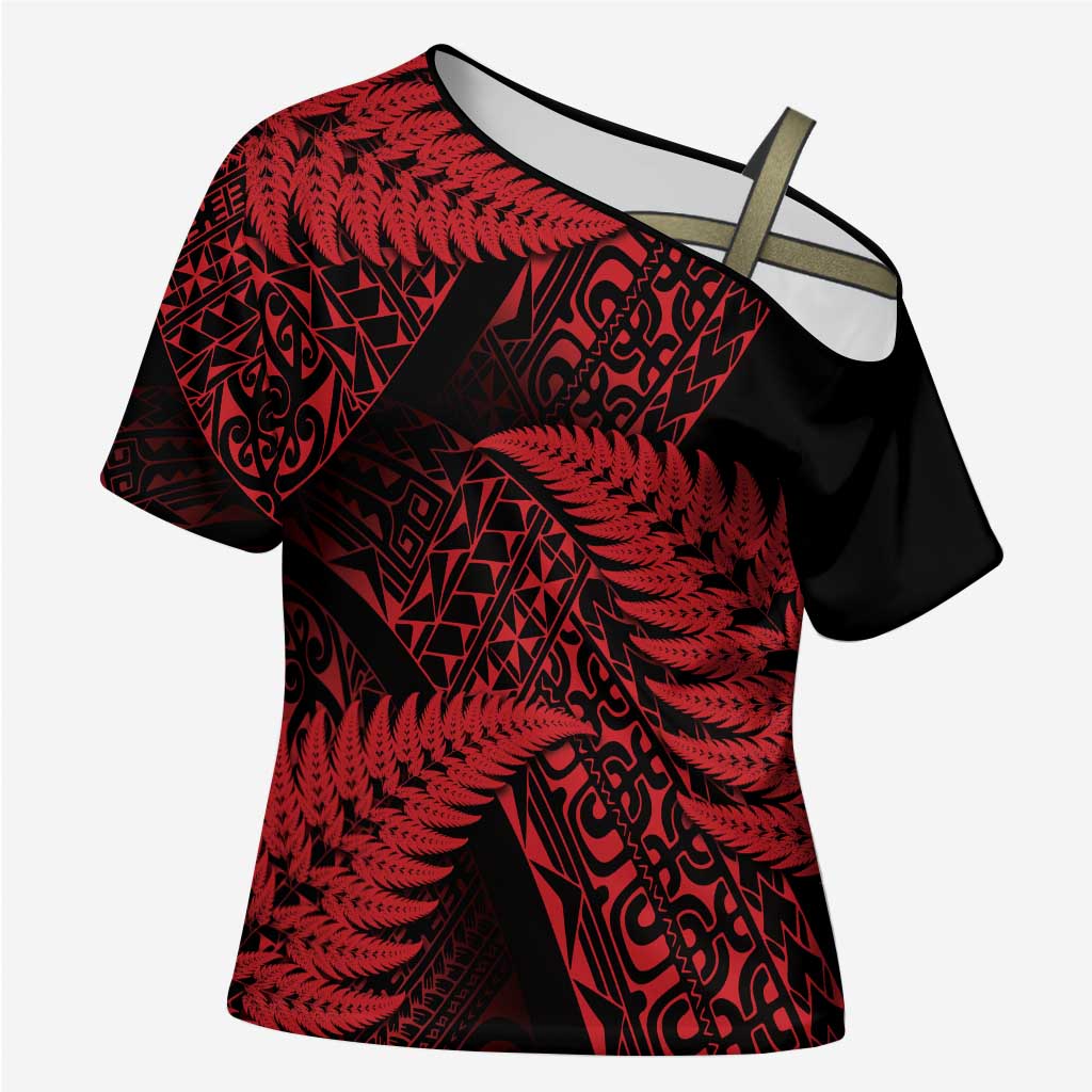 New Zealand Rugby Pacific Personalised Cross Shoulder Shirt All Red Maori Pasifika Fern Pattern - Polynesian Pride
