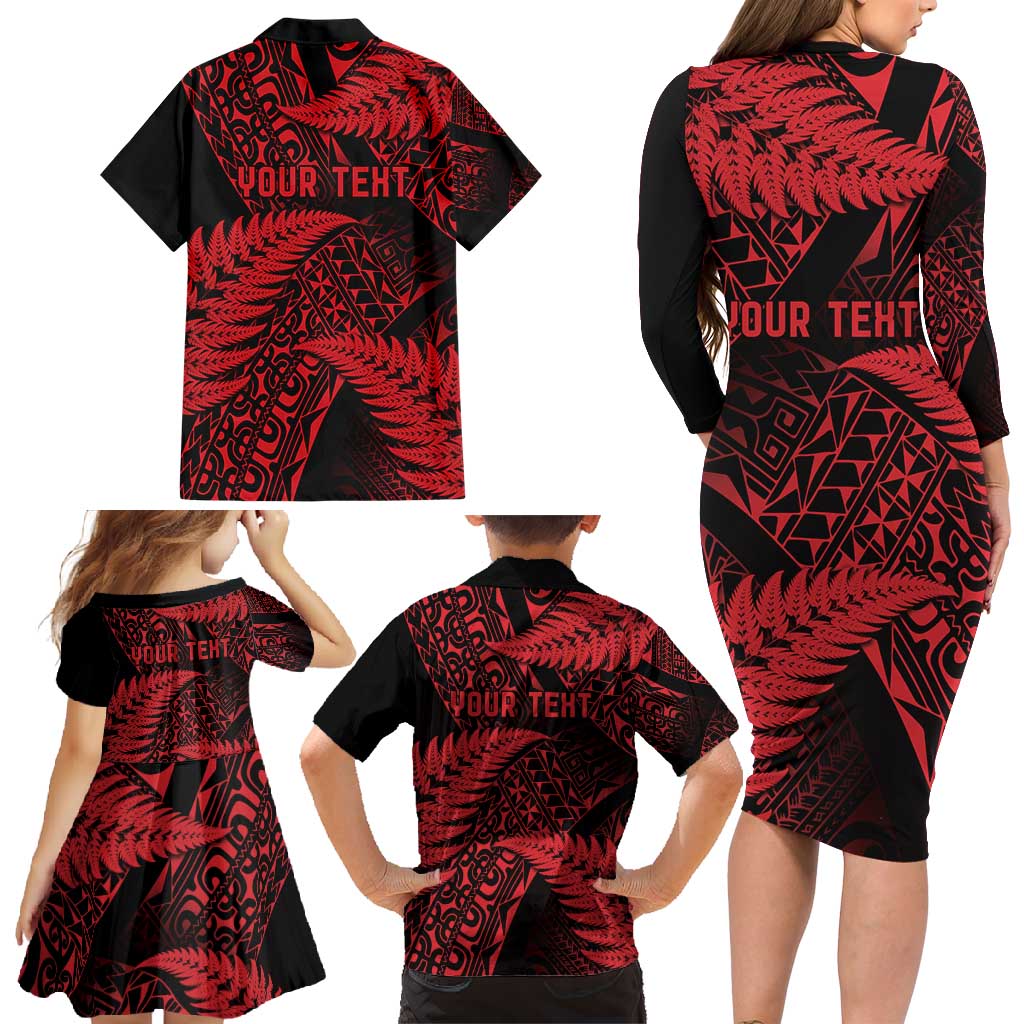 New Zealand Rugby Pacific Personalised Family Matching Long Sleeve Bodycon Dress and Hawaiian Shirt All Red Maori Pasifika Fern Pattern LT9 - Polynesian Pride
