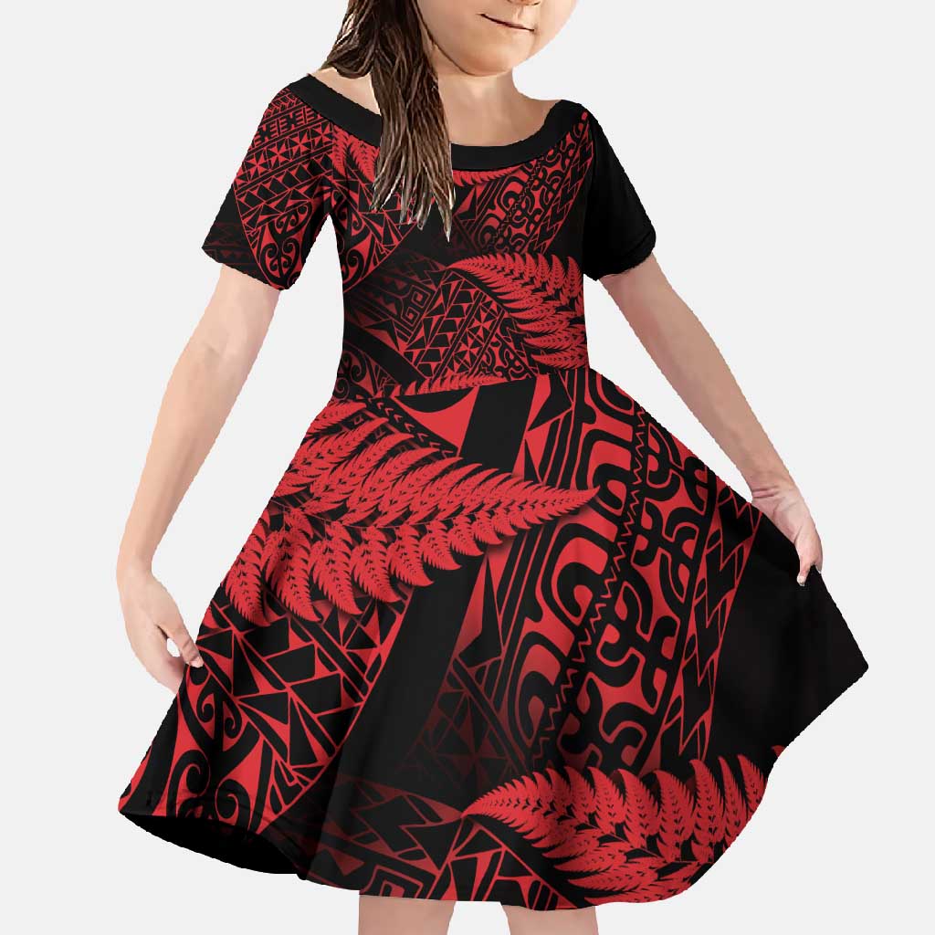 New Zealand Rugby Pacific Personalised Family Matching Mermaid Dress and Hawaiian Shirt All Red Maori Pasifika Fern Pattern LT9 Daughter's Dress Red - Polynesian Pride