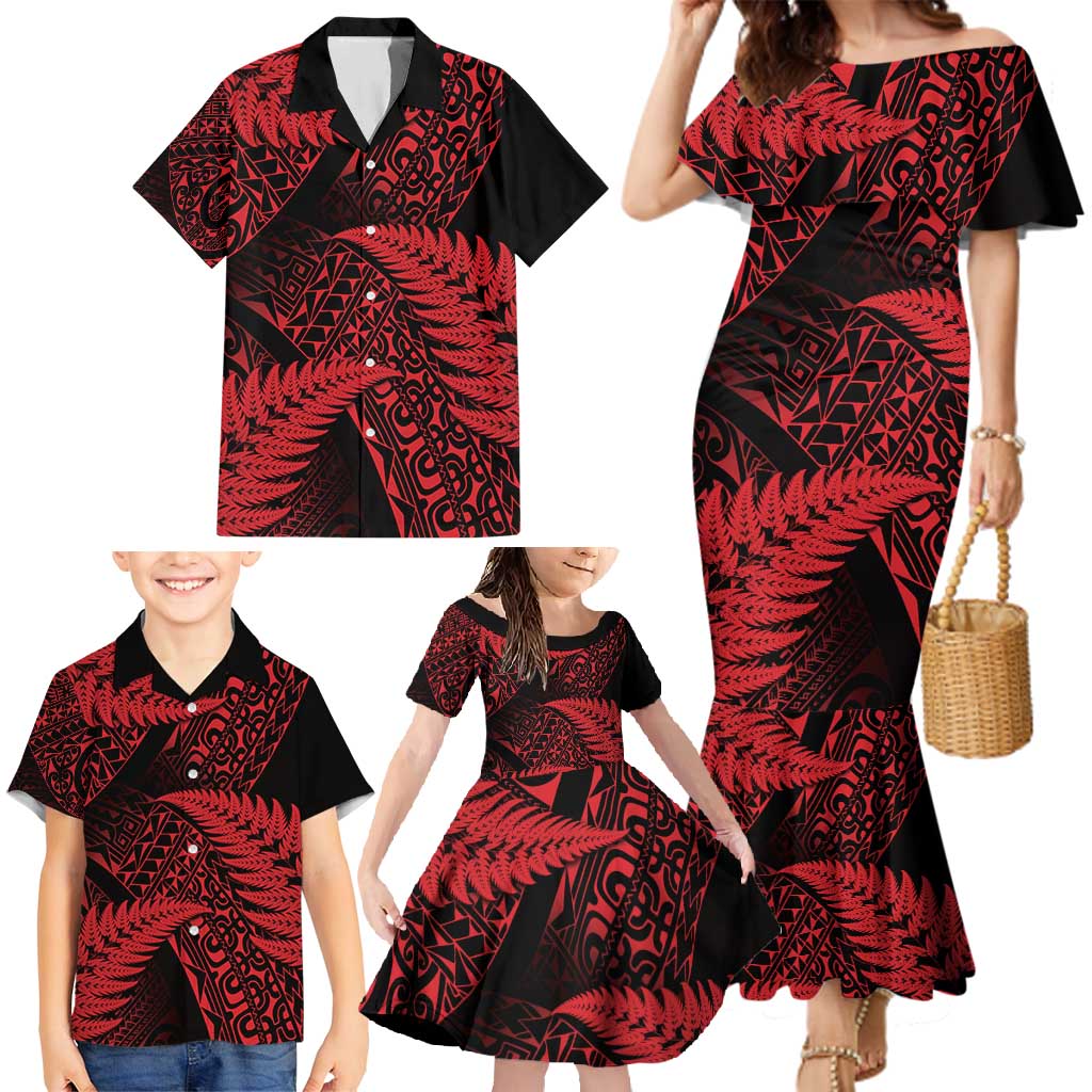 New Zealand Rugby Pacific Personalised Family Matching Mermaid Dress and Hawaiian Shirt All Red Maori Pasifika Fern Pattern LT9 - Polynesian Pride