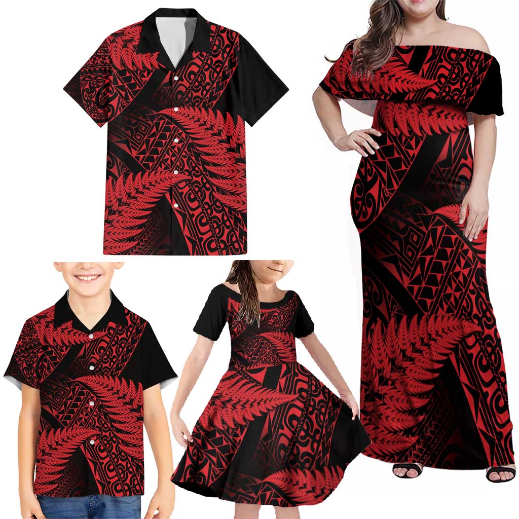 New Zealand Rugby Pacific Personalised Family Matching Off Shoulder Maxi Dress and Hawaiian Shirt All Red Maori Pasifika Fern Pattern LT9 - Polynesian Pride