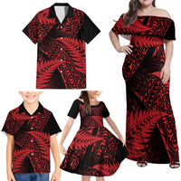 New Zealand Rugby Pacific Personalised Family Matching Off Shoulder Maxi Dress and Hawaiian Shirt All Red Maori Pasifika Fern Pattern LT9 - Polynesian Pride