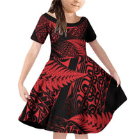 New Zealand Rugby Pacific Personalised Family Matching Off Shoulder Short Dress and Hawaiian Shirt All Red Maori Pasifika Fern Pattern LT9 Daughter's Dress Red - Polynesian Pride