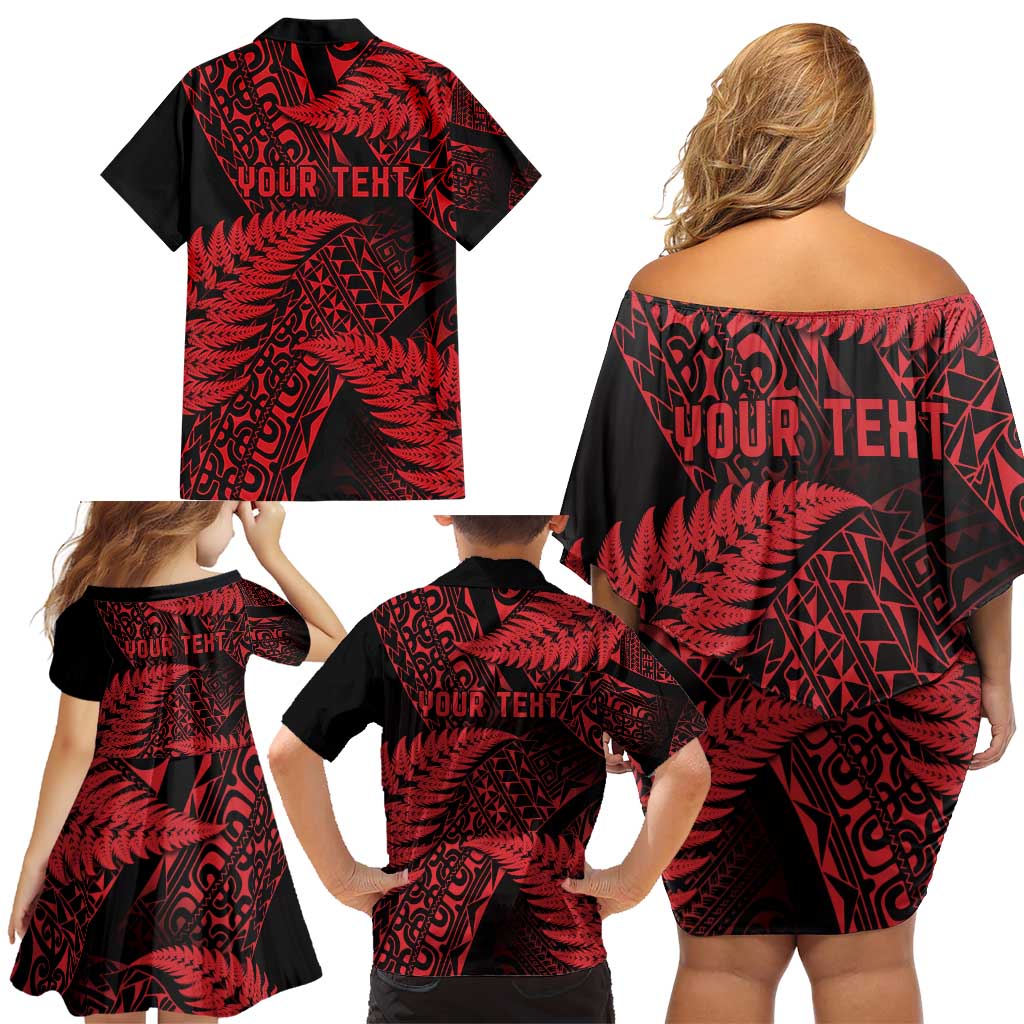 New Zealand Rugby Pacific Personalised Family Matching Off Shoulder Short Dress and Hawaiian Shirt All Red Maori Pasifika Fern Pattern LT9 - Polynesian Pride