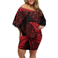 New Zealand Rugby Pacific Personalised Family Matching Off Shoulder Short Dress and Hawaiian Shirt All Red Maori Pasifika Fern Pattern LT9 Mom's Dress Red - Polynesian Pride