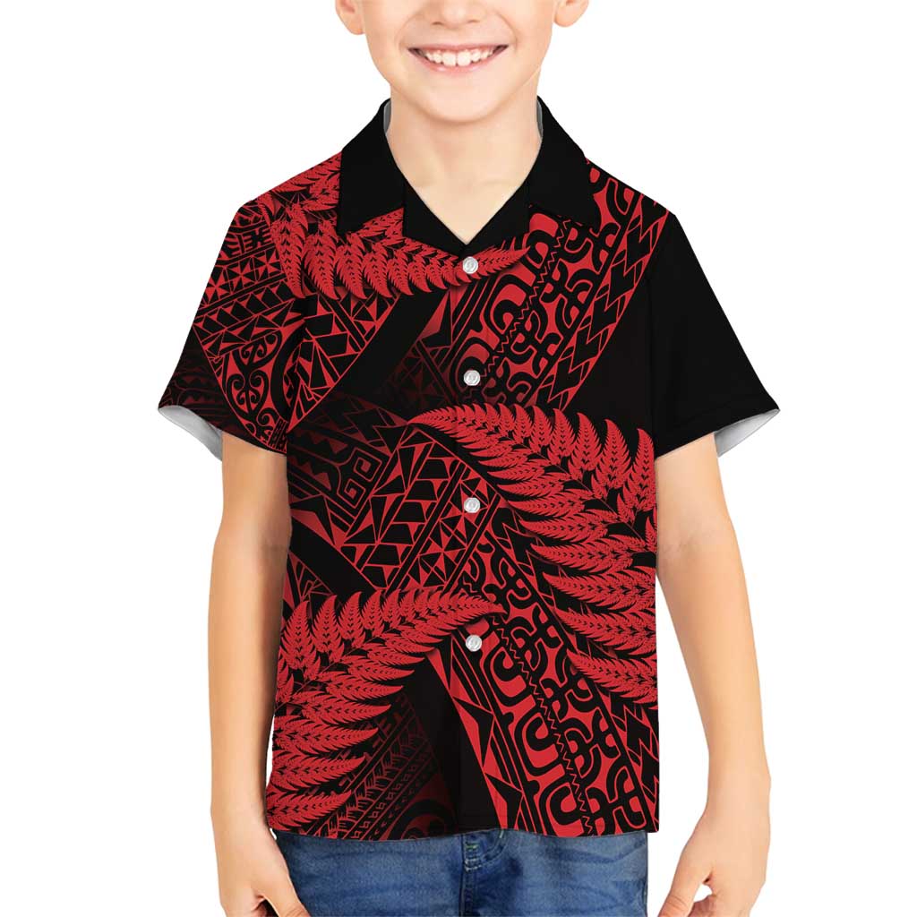 New Zealand Rugby Pacific Personalised Family Matching Summer Maxi Dress and Hawaiian Shirt All Red Maori Pasifika Fern Pattern LT9 Son's Shirt Red - Polynesian Pride