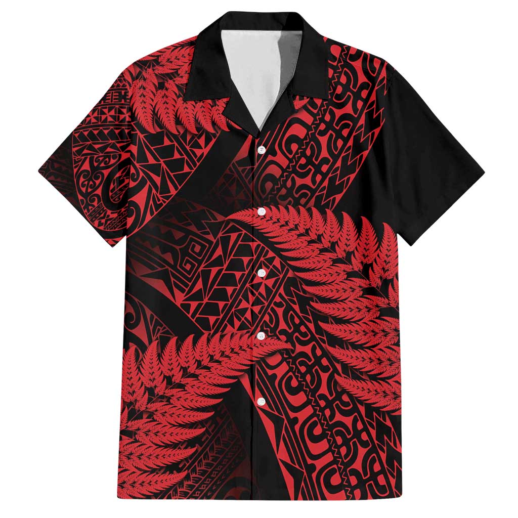 New Zealand Rugby Pacific Personalised Family Matching Tank Maxi Dress and Hawaiian Shirt All Red Maori Pasifika Fern Pattern LT9 Dad's Shirt - Short Sleeve Red - Polynesian Pride