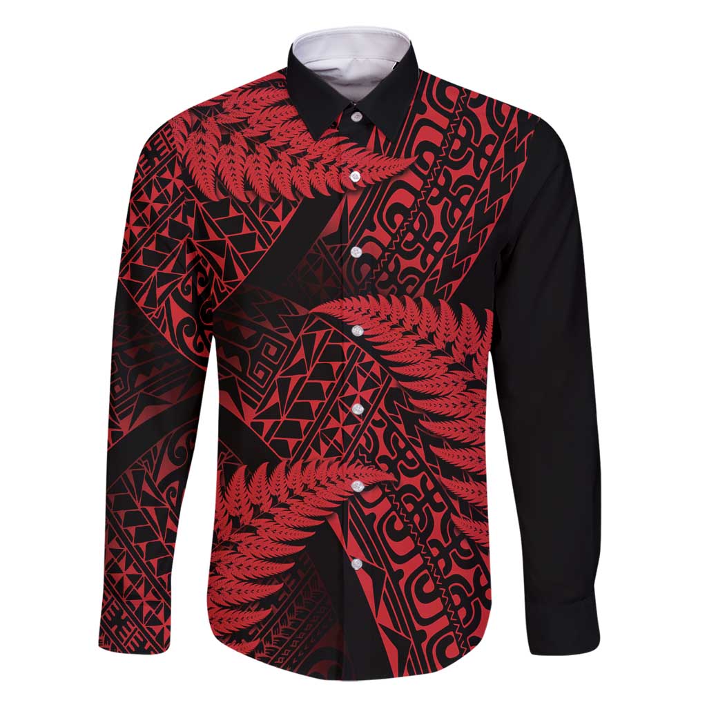 New Zealand Rugby Pacific Personalised Family Matching Tank Maxi Dress and Hawaiian Shirt All Red Maori Pasifika Fern Pattern LT9 Dad's Shirt - Long Sleeve Red - Polynesian Pride