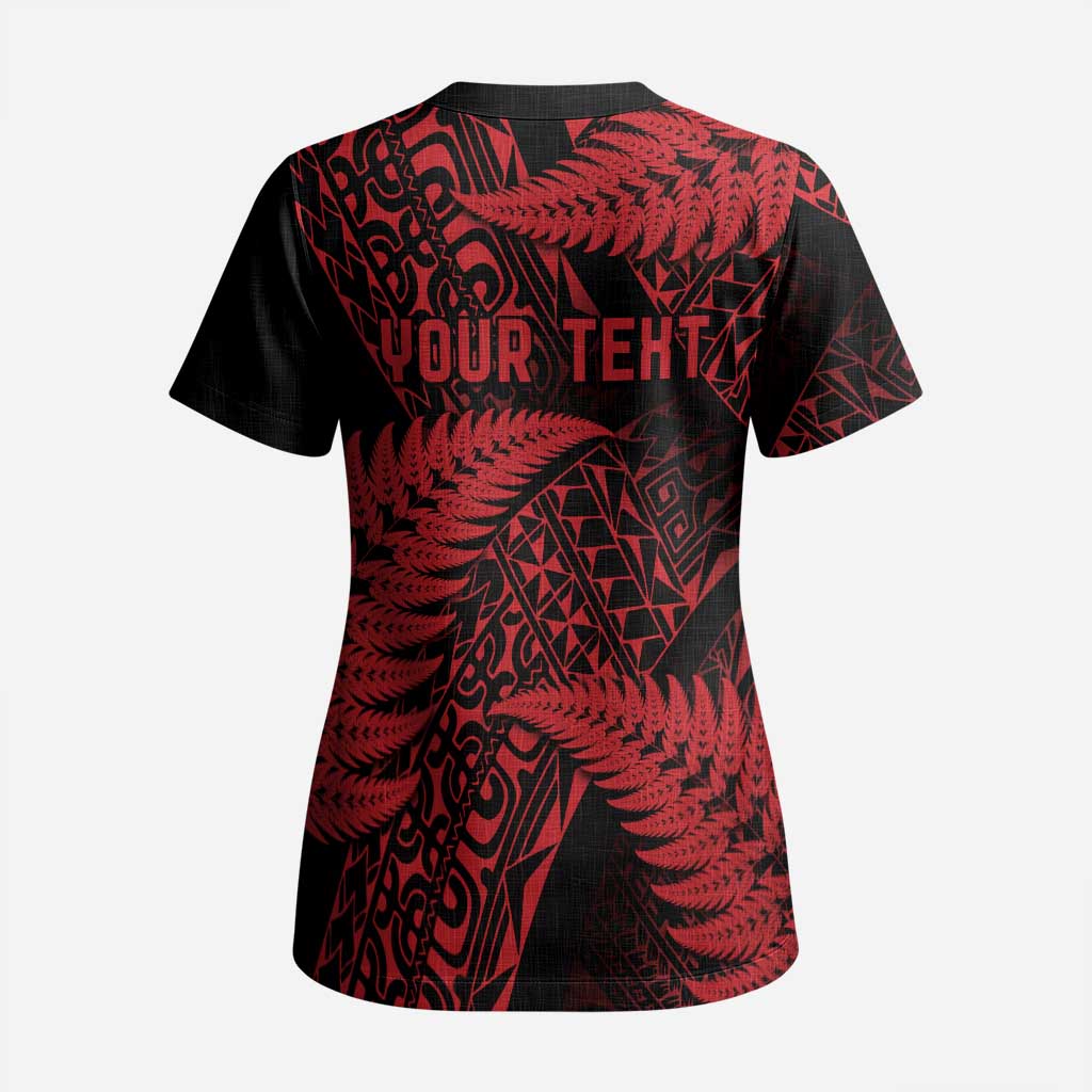 New Zealand Rugby Pacific Personalised Scrub Top All Red Maori Pasifika Fern Pattern - Polynesian Pride