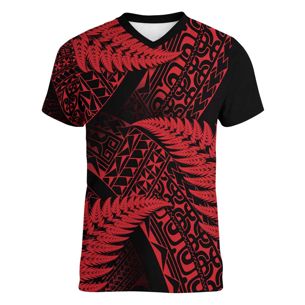 New Zealand Rugby Pacific Personalised Women V-Neck T-Shirt All Red Maori Pasifika Fern Pattern