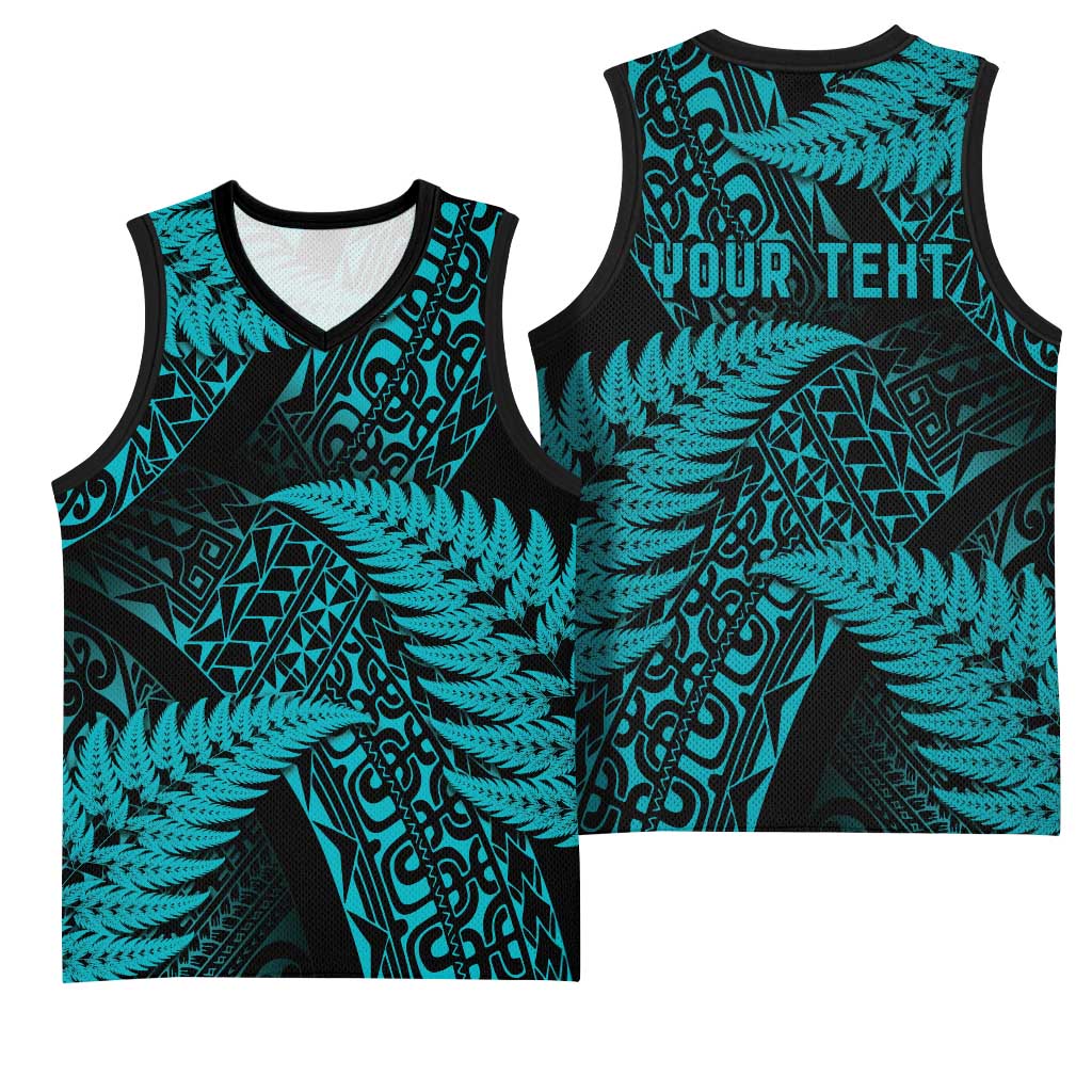 New Zealand Rugby Pacific Personalised Basketball Jersey All Turquoise Maori Pasifika Fern Pattern - Polynesian Pride
