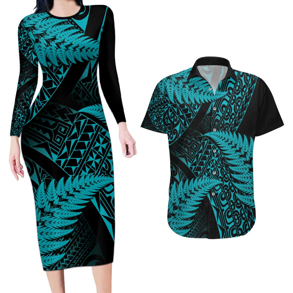 New Zealand Rugby Pacific Personalised Couples Matching Long Sleeve Bodycon Dress and Hawaiian Shirt All Turquoise Maori Pasifika Fern Pattern LT9 Turquoise - Polynesian Pride