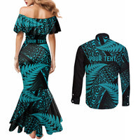 New Zealand Rugby Pacific Personalised Couples Matching Mermaid Dress and Long Sleeve Button Shirt All Turquoise Maori Pasifika Fern Pattern LT9 - Polynesian Pride