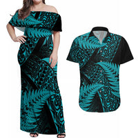 New Zealand Rugby Pacific Personalised Couples Matching Off Shoulder Maxi Dress and Hawaiian Shirt All Turquoise Maori Pasifika Fern Pattern LT9 Turquoise - Polynesian Pride