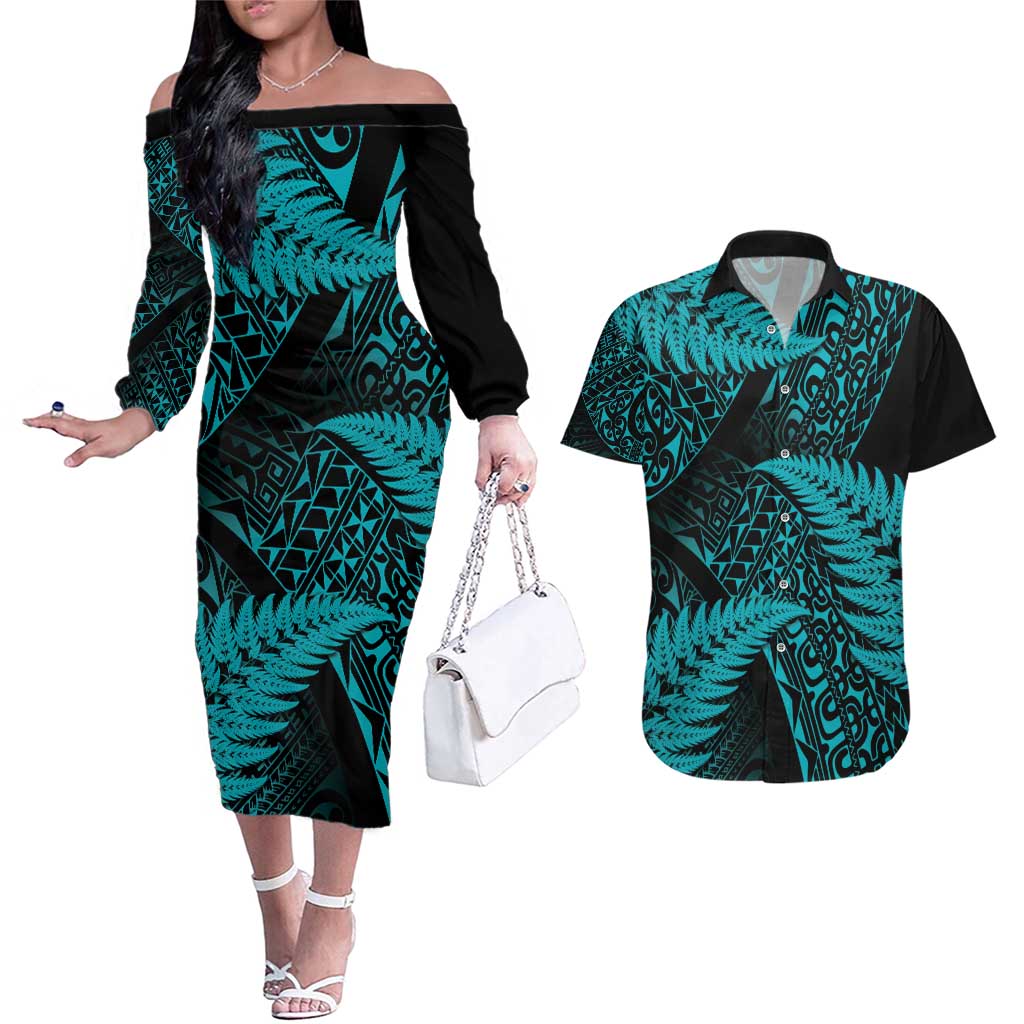 New Zealand Rugby Pacific Personalised Couples Matching Off The Shoulder Long Sleeve Dress and Hawaiian Shirt All Turquoise Maori Pasifika Fern Pattern LT9 Turquoise - Polynesian Pride