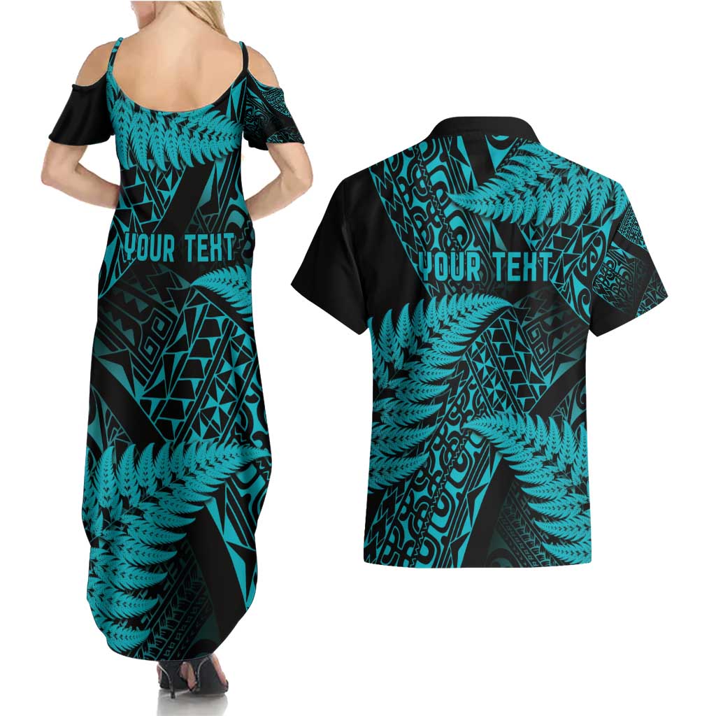 New Zealand Rugby Pacific Personalised Couples Matching Summer Maxi Dress and Hawaiian Shirt All Turquoise Maori Pasifika Fern Pattern LT9 - Polynesian Pride