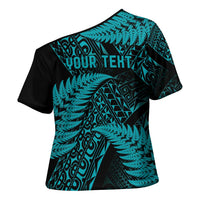 New Zealand Rugby Pacific Personalised Cross Shoulder Shirt All Turquoise Maori Pasifika Fern Pattern - Polynesian Pride