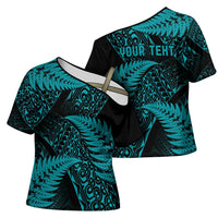 New Zealand Rugby Pacific Personalised Cross Shoulder Shirt All Turquoise Maori Pasifika Fern Pattern - Polynesian Pride
