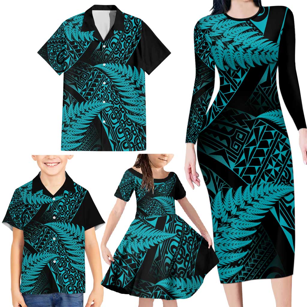 New Zealand Rugby Pacific Personalised Family Matching Long Sleeve Bodycon Dress and Hawaiian Shirt All Turquoise Maori Pasifika Fern Pattern LT9 - Polynesian Pride