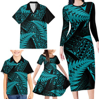 New Zealand Rugby Pacific Personalised Family Matching Long Sleeve Bodycon Dress and Hawaiian Shirt All Turquoise Maori Pasifika Fern Pattern LT9 - Polynesian Pride