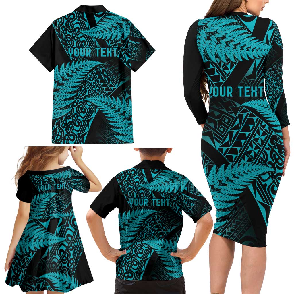 New Zealand Rugby Pacific Personalised Family Matching Long Sleeve Bodycon Dress and Hawaiian Shirt All Turquoise Maori Pasifika Fern Pattern LT9 - Polynesian Pride