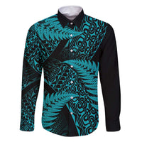 New Zealand Rugby Pacific Personalised Family Matching Long Sleeve Bodycon Dress and Hawaiian Shirt All Turquoise Maori Pasifika Fern Pattern LT9 Dad's Shirt - Long Sleeve Turquoise - Polynesian Pride