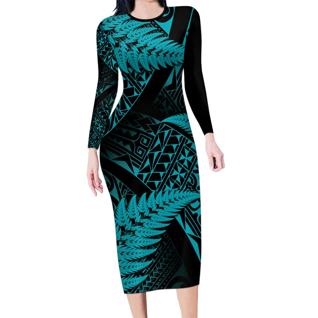 New Zealand Rugby Pacific Personalised Family Matching Long Sleeve Bodycon Dress and Hawaiian Shirt All Turquoise Maori Pasifika Fern Pattern LT9 Mom's Dress Turquoise - Polynesian Pride