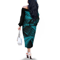 New Zealand Rugby Pacific Personalised Family Matching Off The Shoulder Long Sleeve Dress and Hawaiian Shirt All Turquoise Maori Pasifika Fern Pattern LT9 - Polynesian Pride