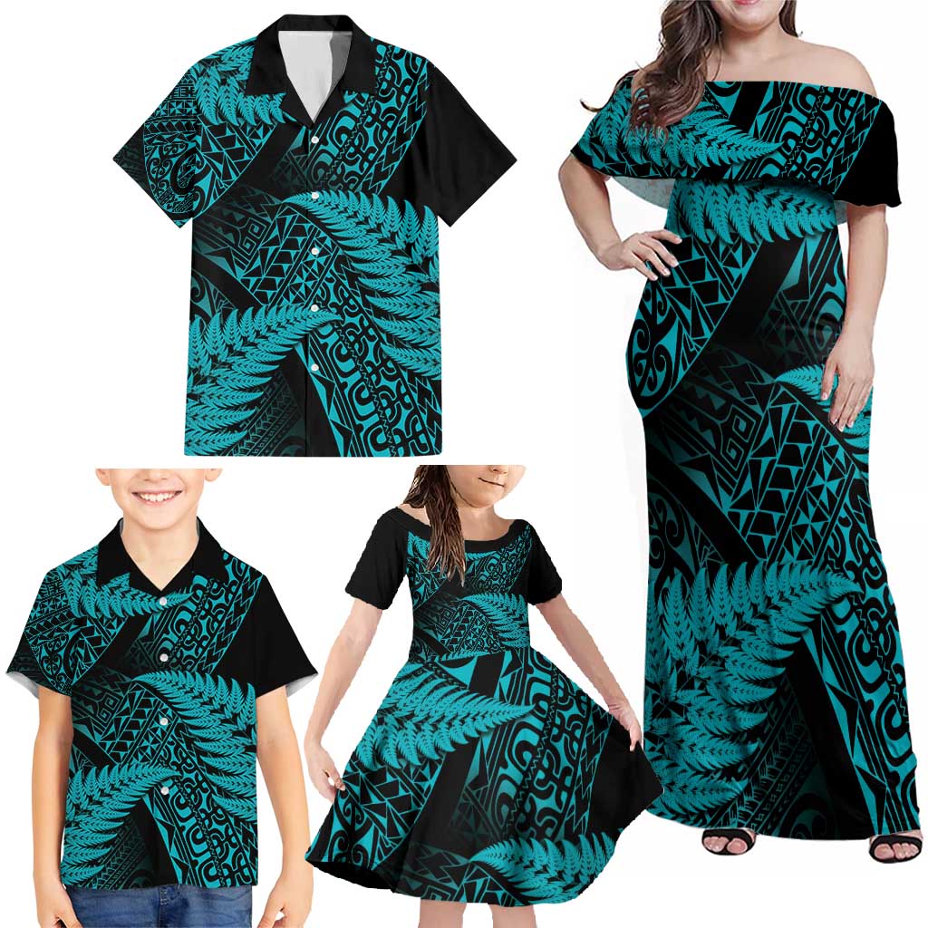New Zealand Rugby Pacific Personalised Family Matching Off Shoulder Maxi Dress and Hawaiian Shirt All Turquoise Maori Pasifika Fern Pattern LT9 - Polynesian Pride
