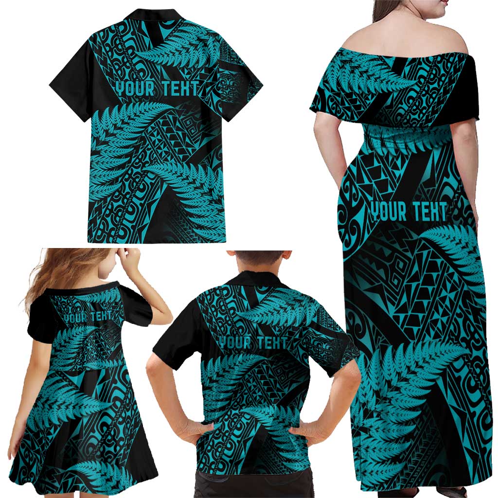 New Zealand Rugby Pacific Personalised Family Matching Off Shoulder Maxi Dress and Hawaiian Shirt All Turquoise Maori Pasifika Fern Pattern LT9 - Polynesian Pride