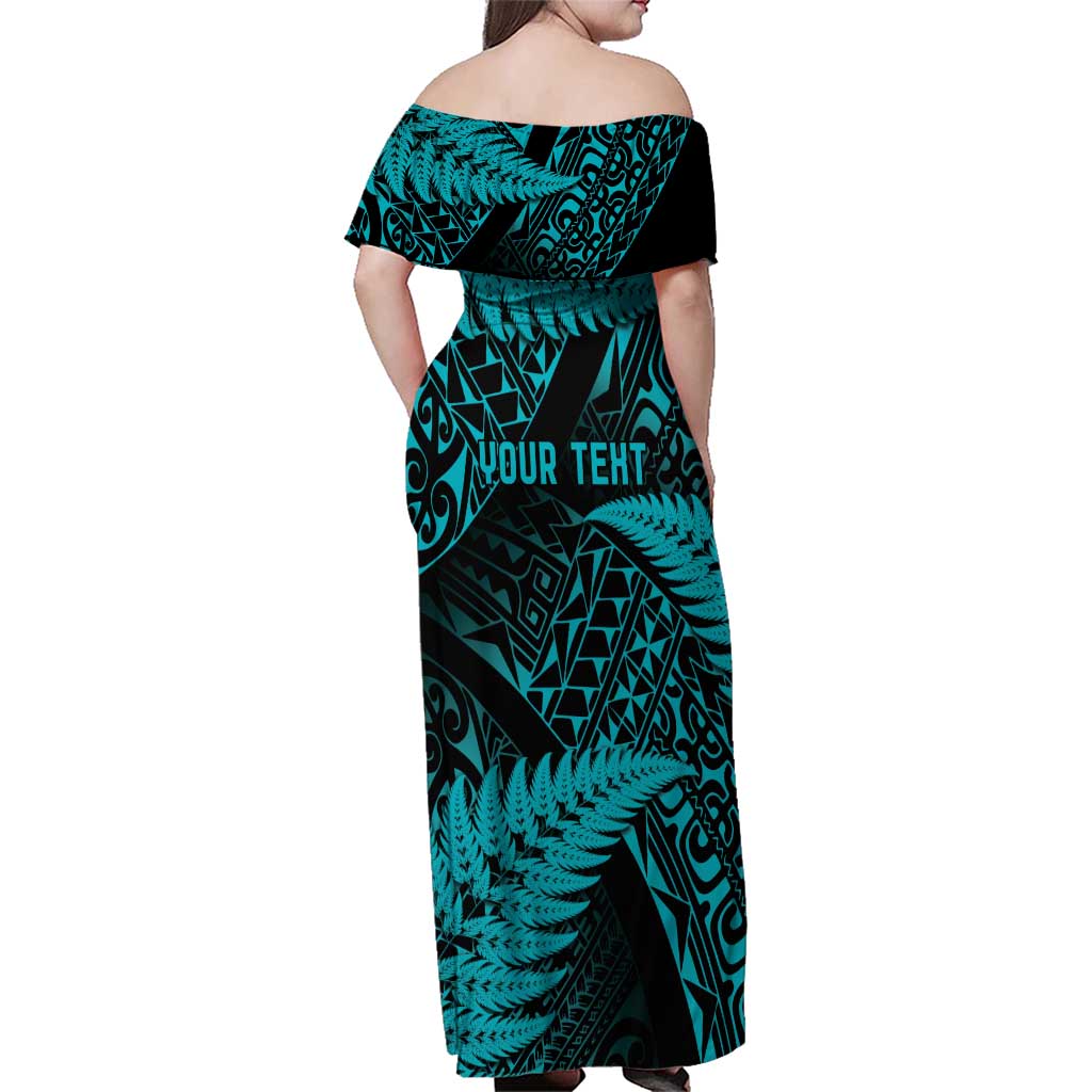 New Zealand Rugby Pacific Personalised Family Matching Off Shoulder Maxi Dress and Hawaiian Shirt All Turquoise Maori Pasifika Fern Pattern LT9 - Polynesian Pride